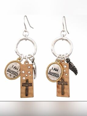 NWT I AM BLESSED Wing Cross Charm Drop Earrings Copper Silver & Gold